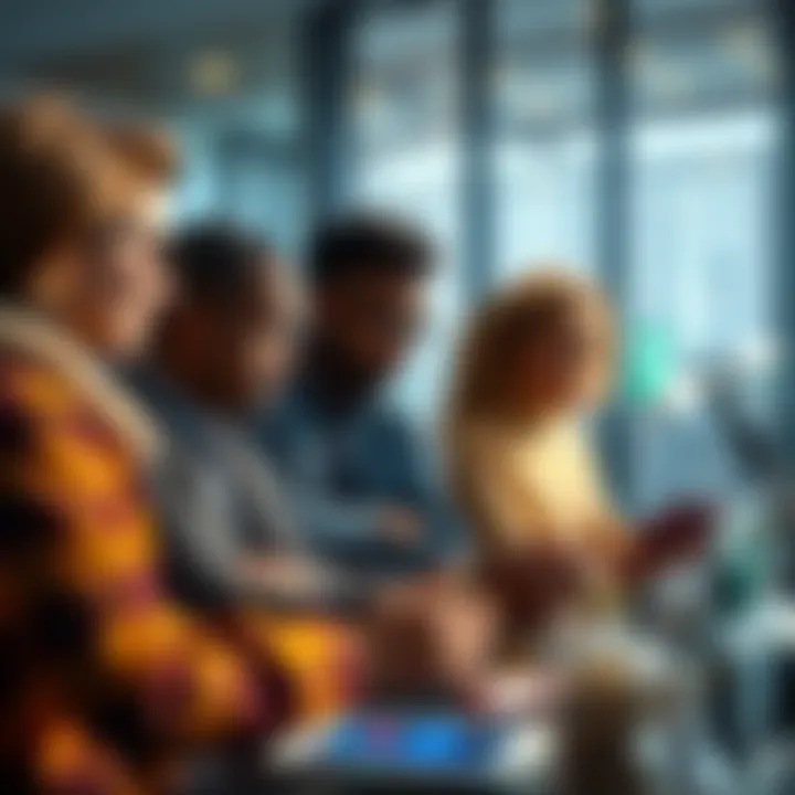 Smart Contracts for Community A group of diverse individuals collaborating on a digital platform, discussing smart contracts designed for community use.