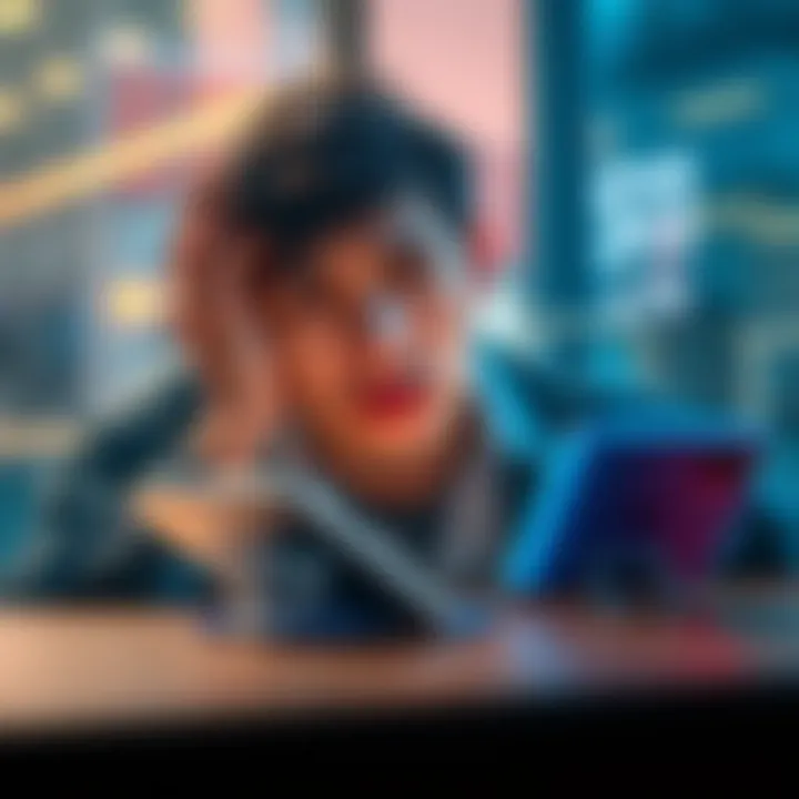 A person frustrated with their smartphone, holding an S21 Ultra and looking at a newer model on a table.