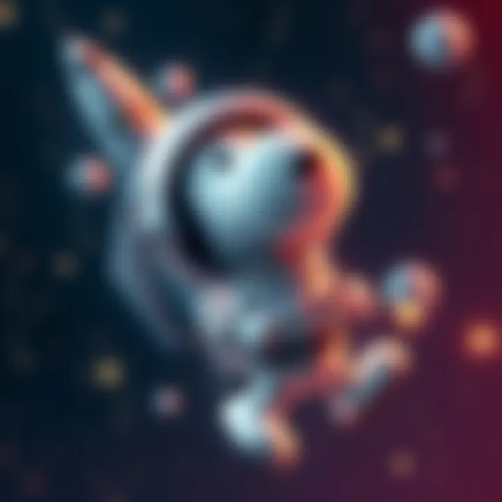 Snoopy wearing a space suit floating in space with stars and a spacecraft in the background