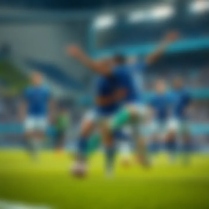 A group of soccer players in blue jerseys celebrating a goal on the field during a match