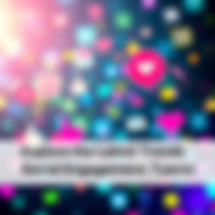 Colorful icons representing social media engagement like likes, comments, and shares interconnected with lines