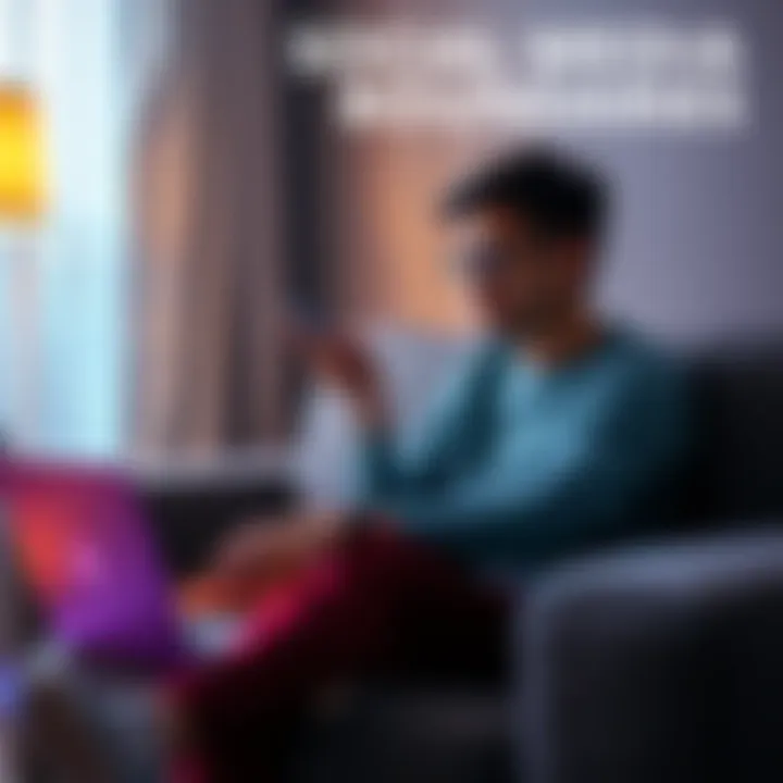 A person sitting on a couch, looking thoughtfully at a smartphone while a laptop is closed nearby, symbolizing a break from social media.