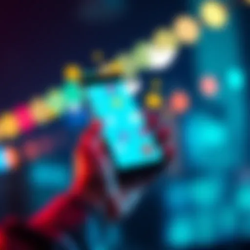 A person holding a smartphone displaying likes, retweets, and follows, with symbols of rewards like coins or gifts around them.