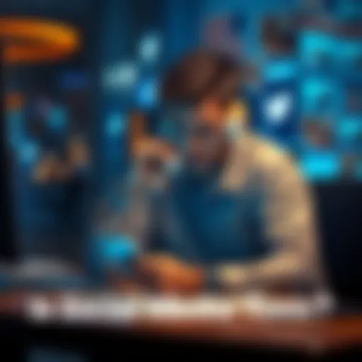 Individual sitting at a desk with a phone, looking overwhelmed and anxious about social media notifications