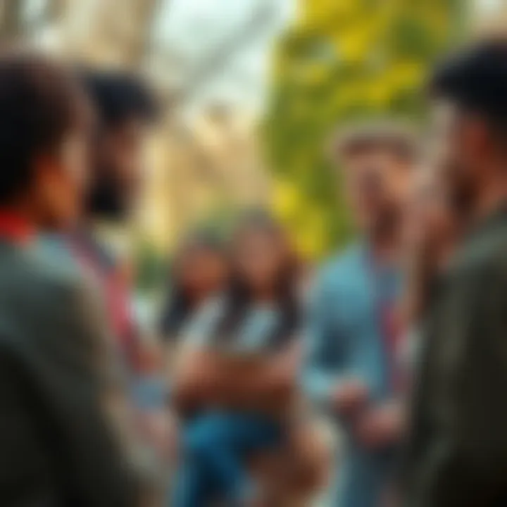 A group of diverse people discussing ideas for social change in a park