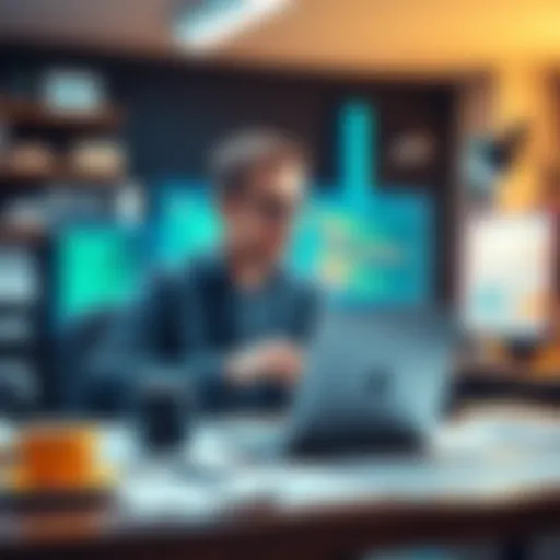 A software engineer working at a desk with a laptop, surrounded by coding papers and coffee, reflecting a busy work environment at Revolut