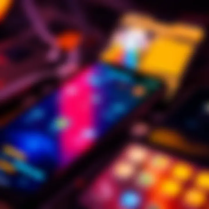 A close-up of the Solana Seeker phone displaying a DeFi app interface with vibrant graphics