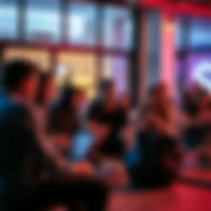 A group of Solana enthusiasts engaging in discussion, using laptops and smartphones in a casual setting.