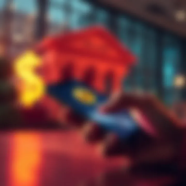 A person using a smartphone to convert Solana cryptocurrency to USD with a bank symbol in the background.