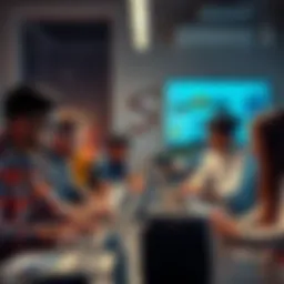 A diverse group of developers working together on laptops, discussing ideas and sharing insights about Solana projects.