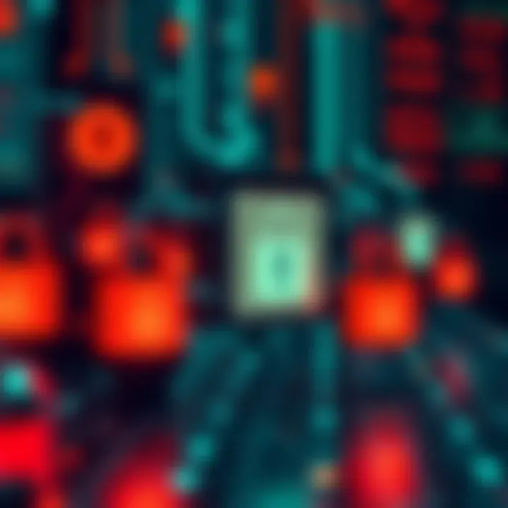 A digital representation of Solana's privacy protocols showing secure transactions with locks and encrypted data symbols.
