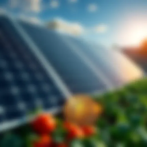 Solar panels generating energy beside a Bitcoin symbol and homegrown vegetables