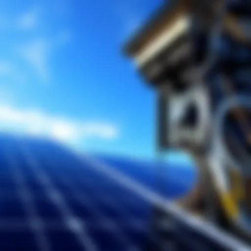 A Bitcoin mining rig powered by solar panels with clear blue skies in the background