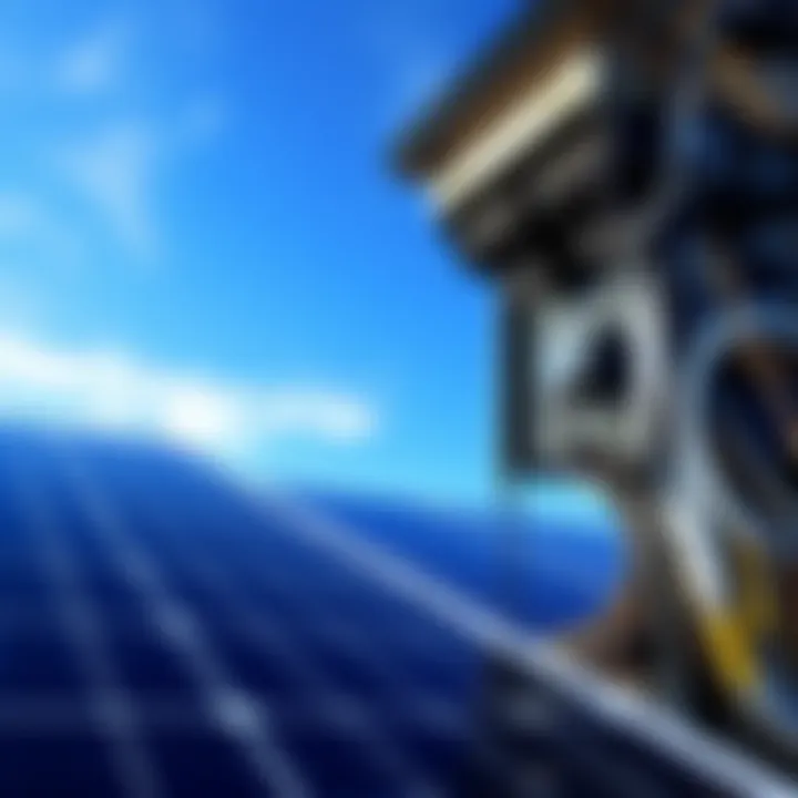 A Bitcoin mining rig powered by solar panels with clear blue skies in the background