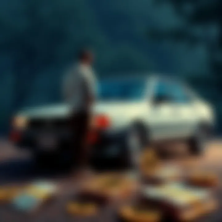Sold car for Bitcoin investment A person standing next to an old Toyota Corolla with cash and Bitcoin symbols around them, contemplating financial choices