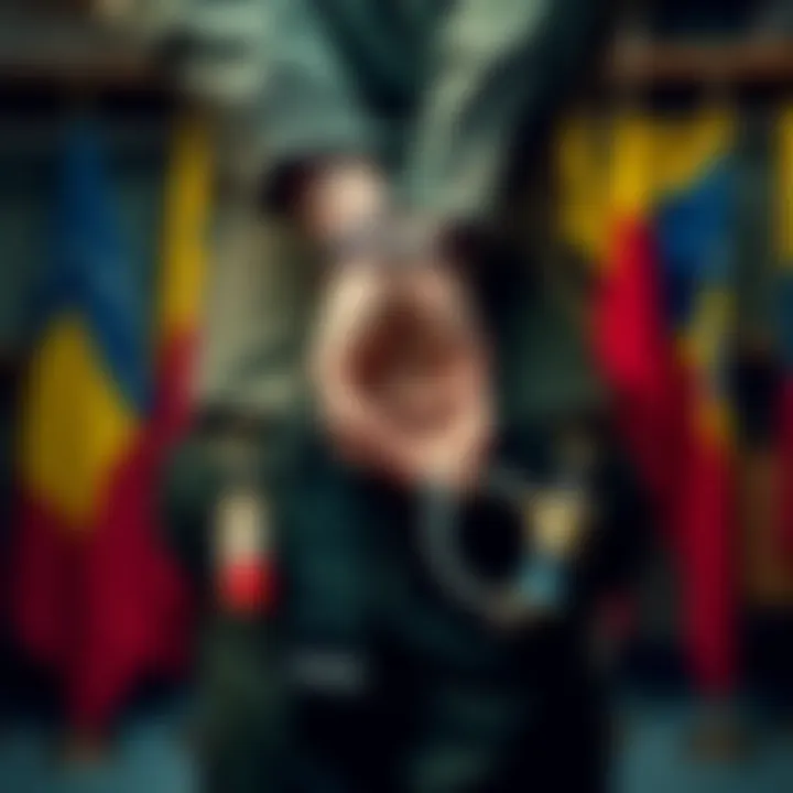 A soldier in handcuffs with a backdrop of betting slips and Venezuelan flags, illustrating the arrest due to illegal gambling on political events.