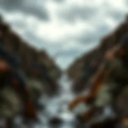 Soldiers in a muddy trench with rifles, preparing for battle under a gray sky