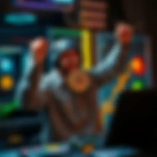 A solo Bitcoin miner celebrating the successful mining of a block and earning 3.13 BTC, with a backdrop of computer hardware and digital currency graphics.