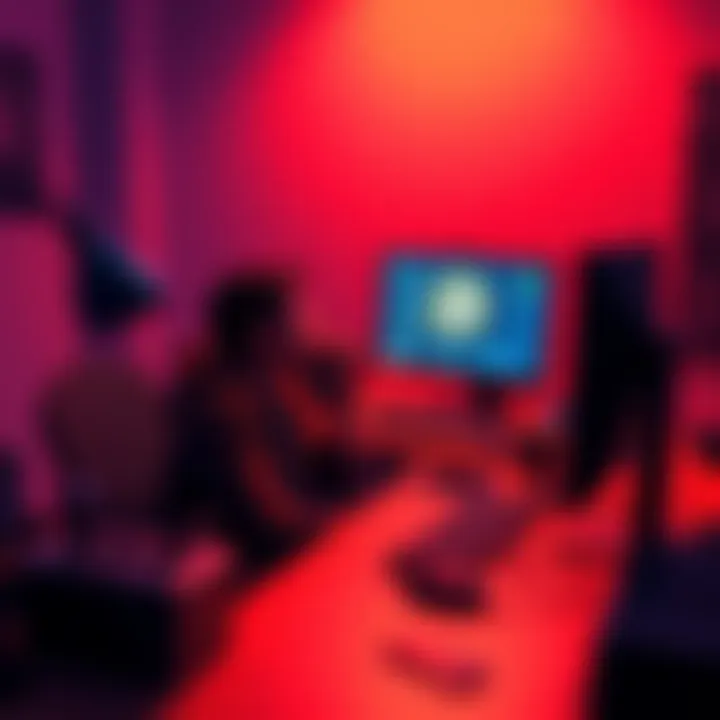 A person sitting at a desk with a low-hashrate Bitcoin miner, looking at their computer screen with excitement and curiosity.