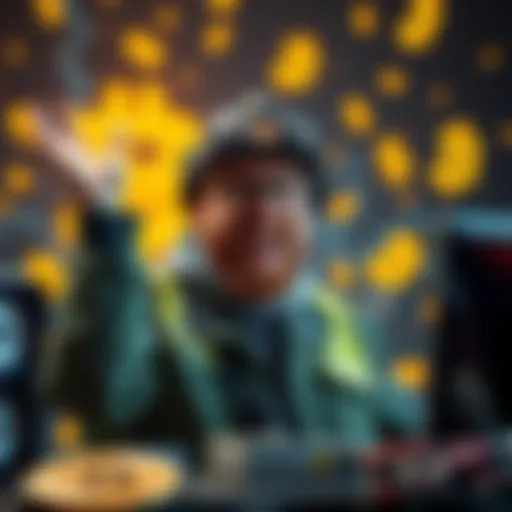 A miner celebrating success with Bitcoin graphics and dollar signs in the background