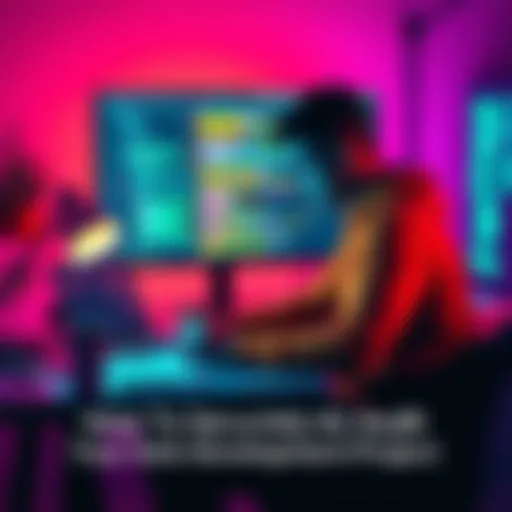 A solo developer sitting at a desk, examining code on a laptop, with notes and a coffee cup nearby