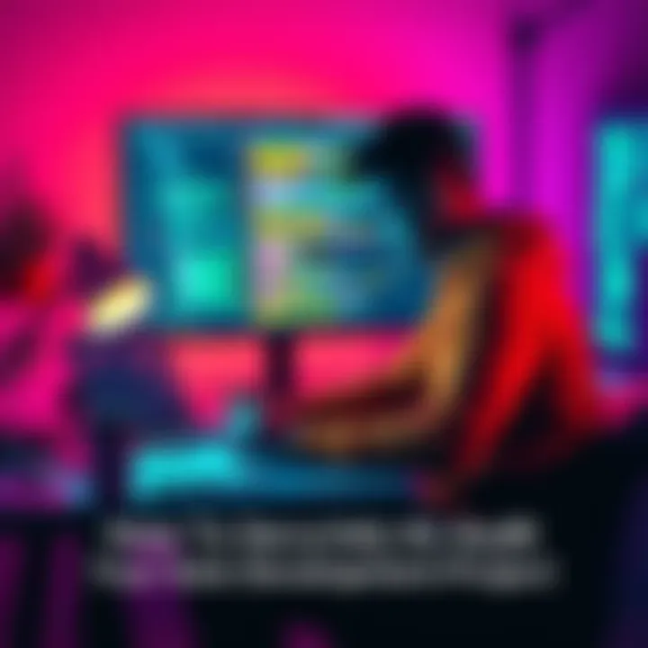 A solo developer sitting at a desk, examining code on a laptop, with notes and a coffee cup nearby