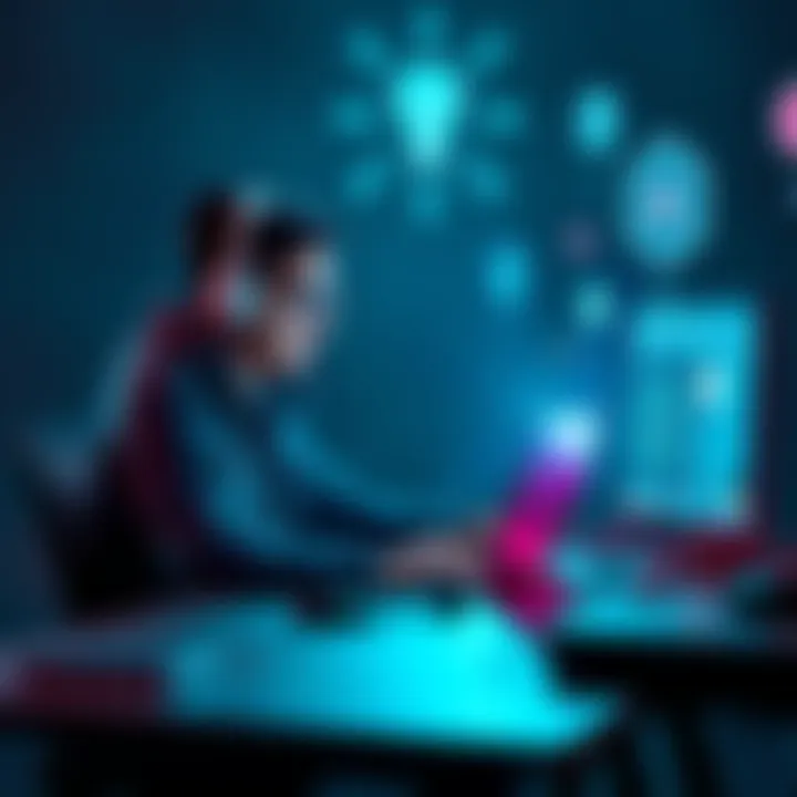 A person sitting at a desk with a laptop, focused on coding, while AI-related graphics float around them, symbolizing innovation in hackathons.