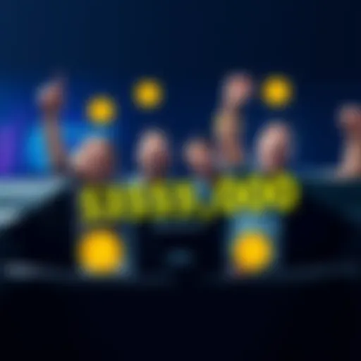 Four miners joyfully celebrating their $853,000 earnings from solo mining in front of their computer setups, with Bitcoin symbols around them