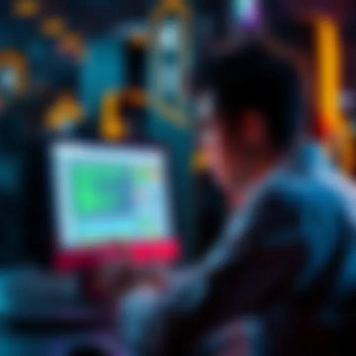 Person considering solo mining Individual looking at computer with mining software while contemplating solo mining options after pool issues