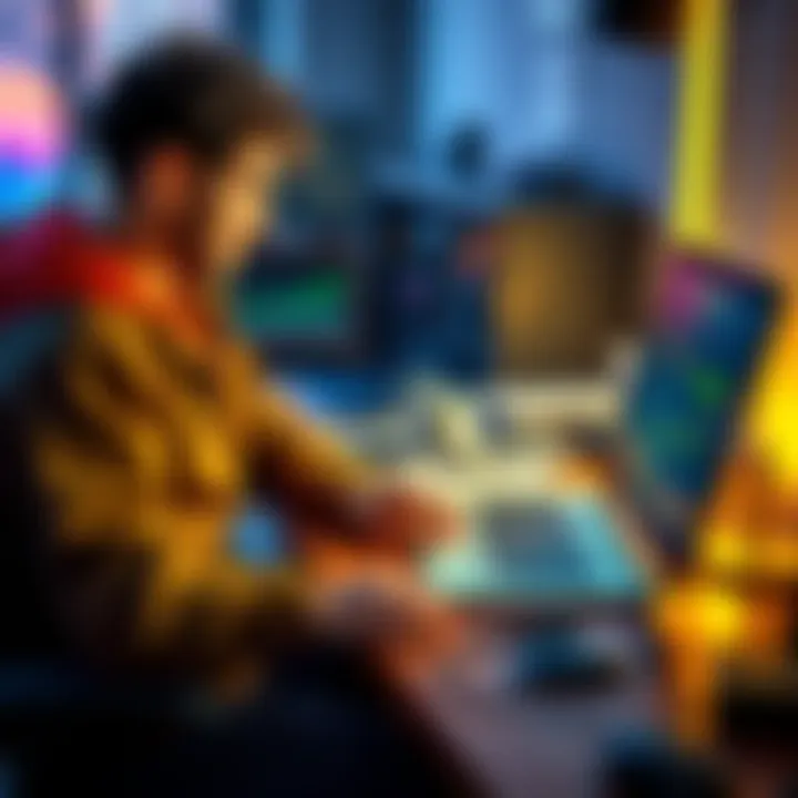 A person setting up an Umbrel node for solo mining Bitcoin with a laptop and mining hardware on a desk.