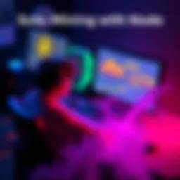 A person sitting at a desk with a computer, displaying mining software on the screen while cryptocurrency icons are visible