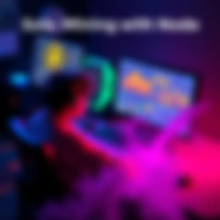 A person sitting at a desk with a computer, displaying mining software on the screen while cryptocurrency icons are visible