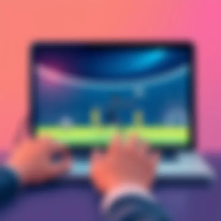 A person using a laptop to buy a Sorare account with soccer graphics around