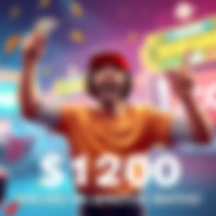 A happy Sorare player holding cash and cheering after winning $1200, ready for more contests