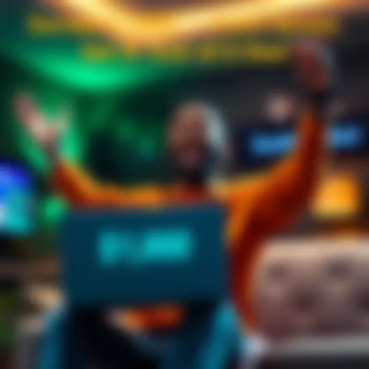 A person celebrating with a laptop showing a profit from Sorare Set