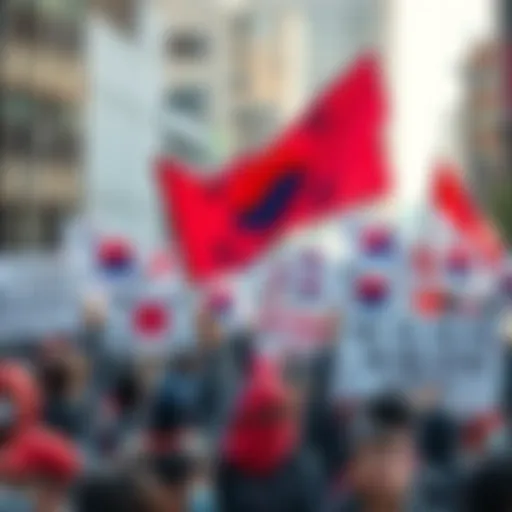 A diverse group of South Koreans holding banners and flags, protesting for democratic rights and freedoms in a city square.