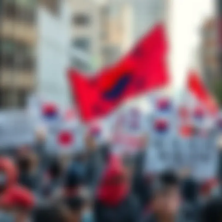 A diverse group of South Koreans holding banners and flags, protesting for democratic rights and freedoms in a city square.