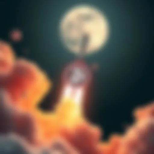 A rocket with the Dogecoin logo soaring towards the Moon, surrounded by stars and space.