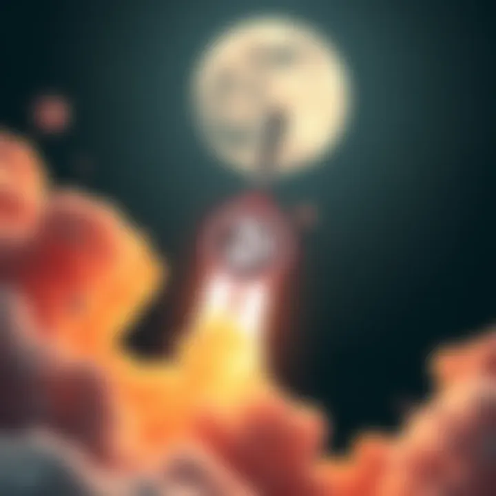 A rocket with the Dogecoin logo soaring towards the Moon, surrounded by stars and space.