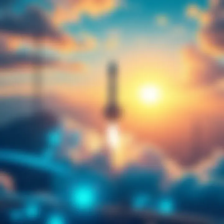 A rocket representing SpaceX launching into a digital landscape symbolizing the Solana ecosystem, with graphics of IPO and crypto elements in the background.