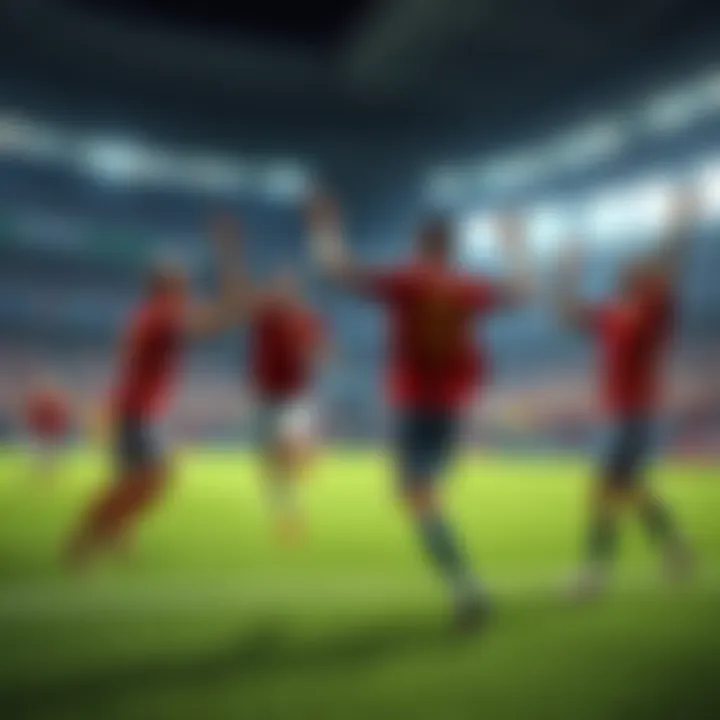 The Spanish national soccer team celebrating a goal in a stadium, with fans cheering in the background