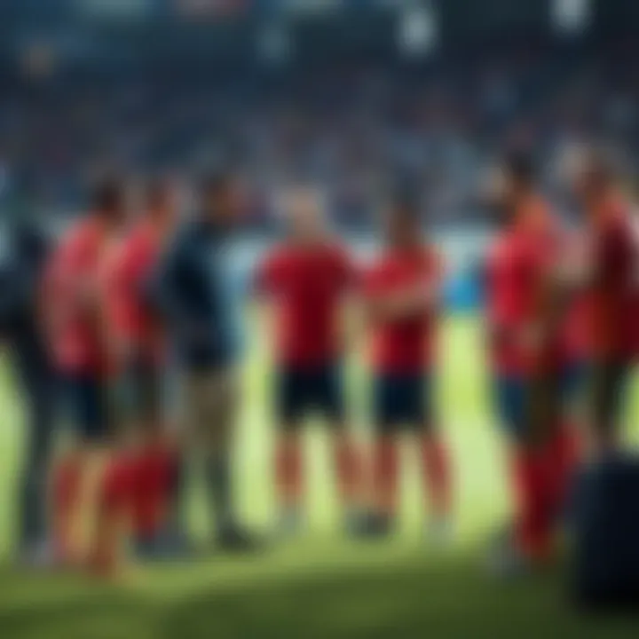Spain's soccer team coaches and players discussing strategy on the sidelines during a match