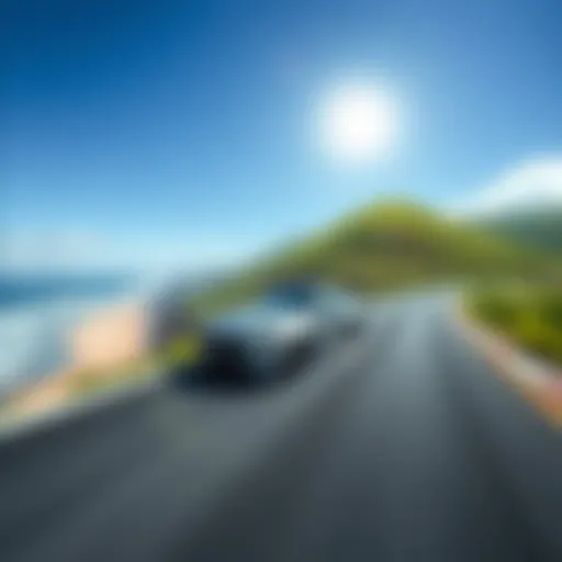 A sleek vehicle on a super speedway, zooming from a green mountaintop to a sandy beach under a clear blue sky.