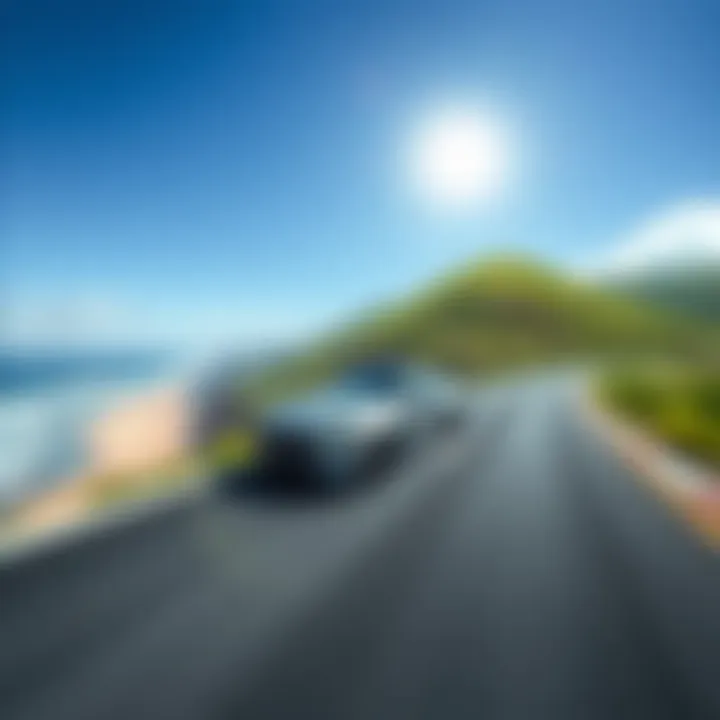A sleek vehicle on a super speedway, zooming from a green mountaintop to a sandy beach under a clear blue sky.