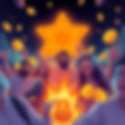 An illustration showing a group of ATOM holders excited about potential airdrops from the Sphinx project, with coins and a testnet theme in the background.