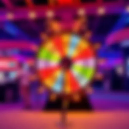 A colorful spinning wheel game awarding bid tokens for landmark bidding.