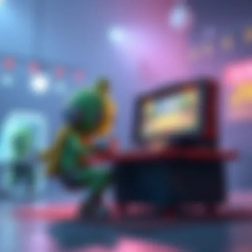 A lively gaming scene featuring Spoonkid playing on a pickleserver with Dinkbot interacting in the game.