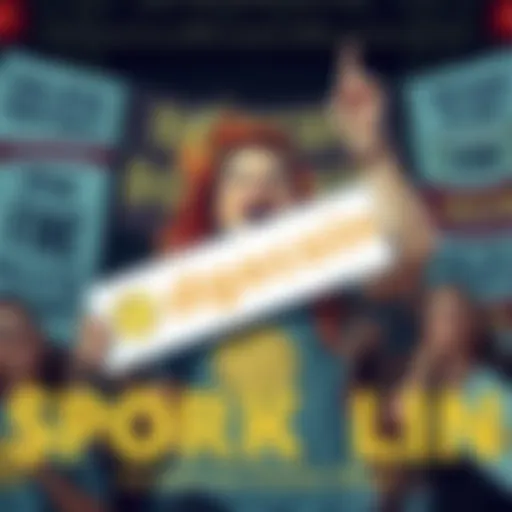 A woman with colorful hair and a Dogecoin-themed shirt passionately holding a Dogecoin sign, surrounded by supportive friends. Behind them, banners show slogans about Dogecoin's spirit.