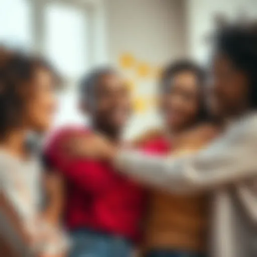 A group of diverse people smiling and hugging each other, radiating warmth and kindness during difficult times.