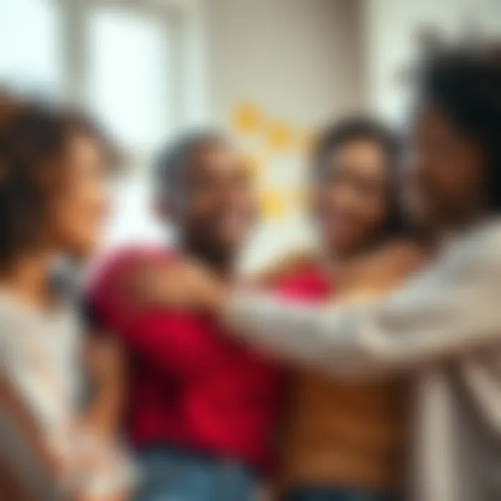 Spreading Love and Positivity A group of diverse people smiling and hugging each other, radiating warmth and kindness during difficult times.